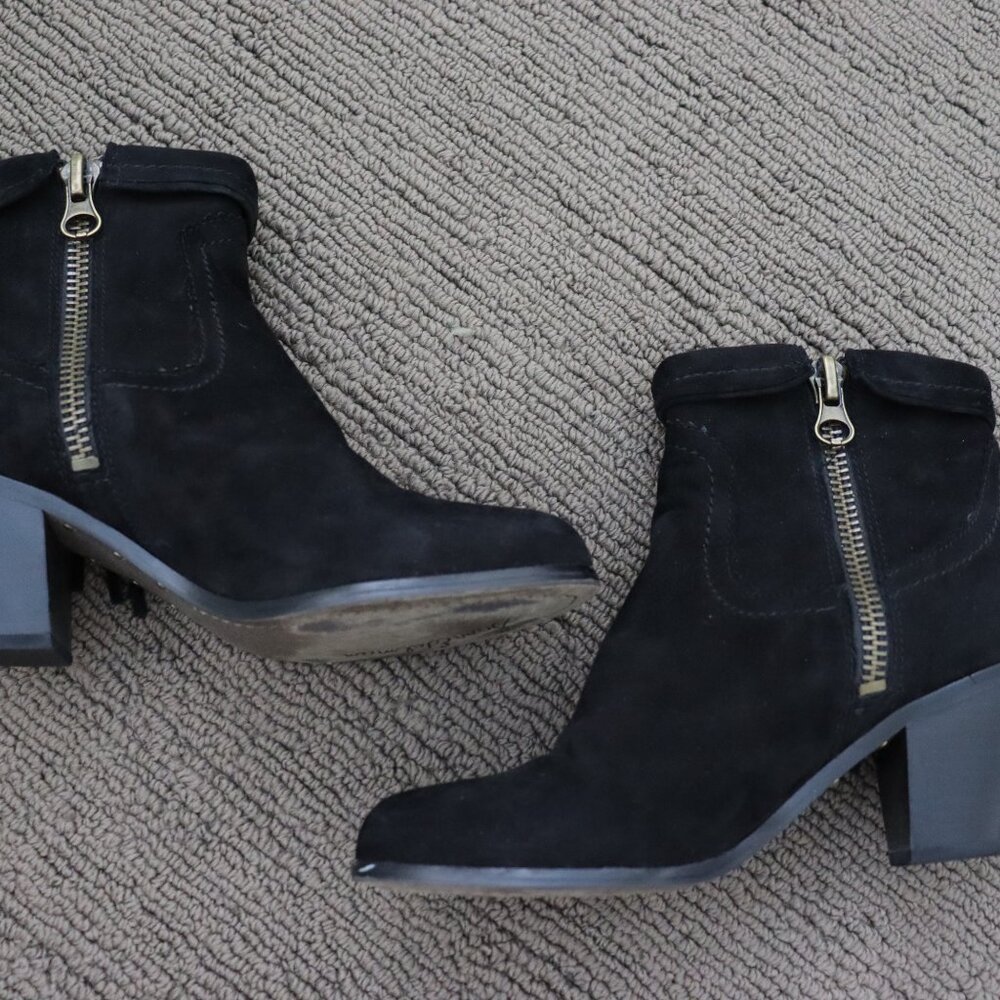 SAM EDELMAN Louie Black Suede Fringe Cowboy Bootie Size 7.5 - Picture 4 of 9
